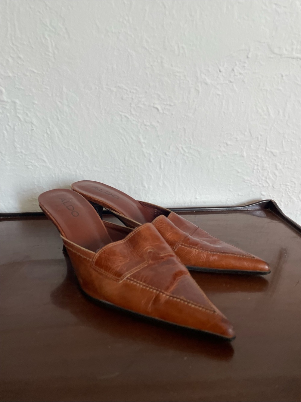 ALDO Women's Tan Pointed-Toe Leather Mules